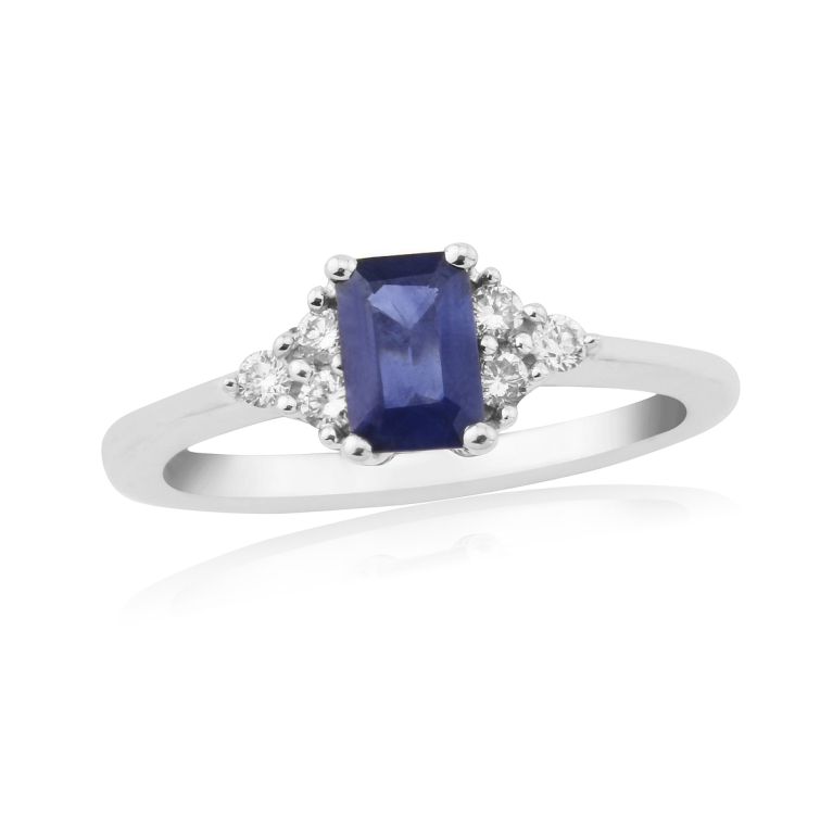 9ct White Gold Emerald Cut Sapphire & Diamond Set Dress Ring