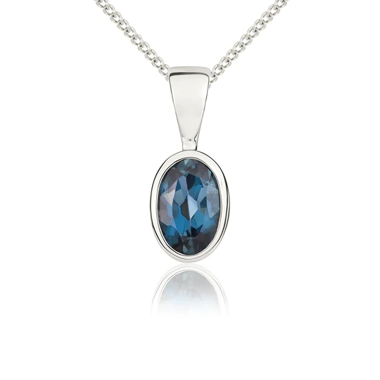 9ct White Gold Oval Blue Topaz Rubover Set Pendant Necklace