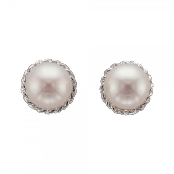 9ct White Gold Pearl & Rope Surround Stud Earrings