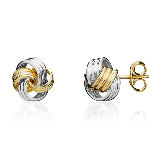 9ct Yellow & White Gold Triple Thread Loop Knot Stud Earrings