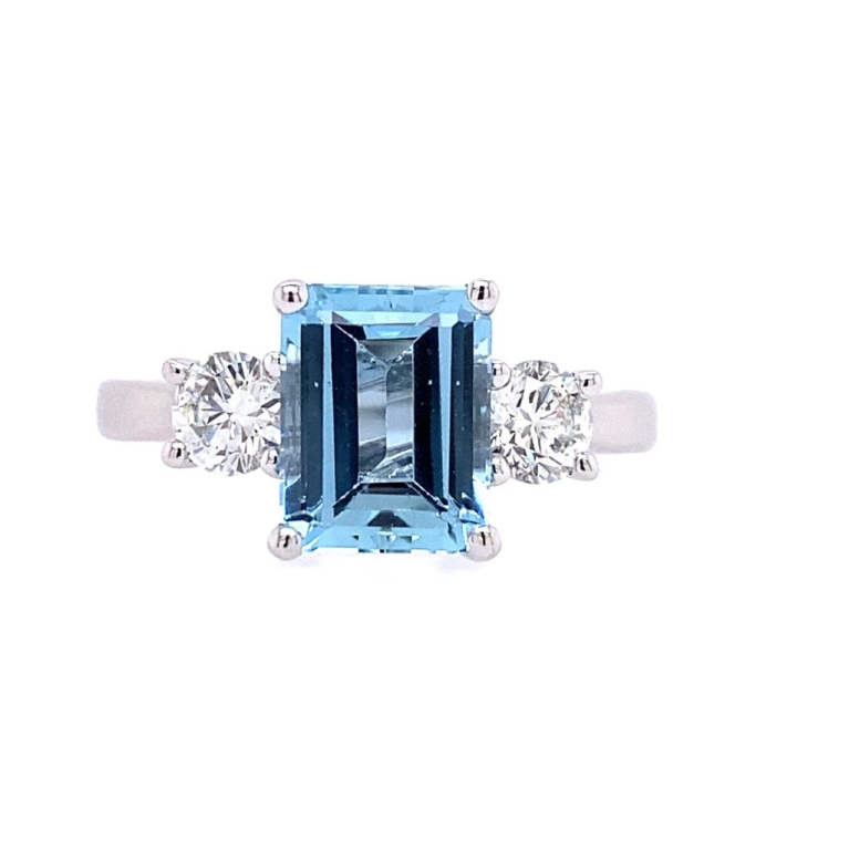Platinum Emerald Cut Aquamarine & Diamond Set Three Stone Trilogy Ring