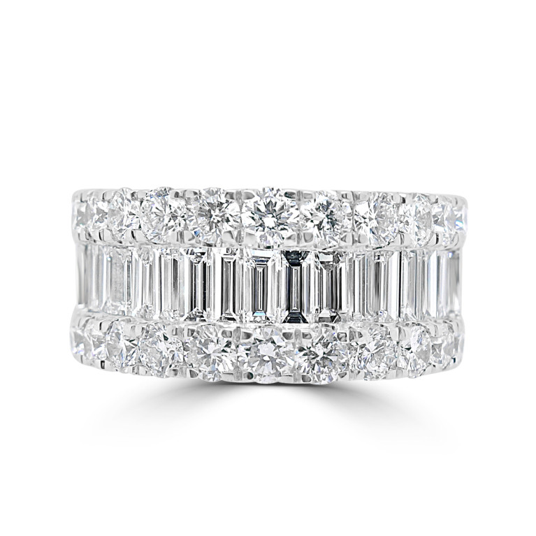 Platinum Three Row Baguette & Brilliant Cut Diamond Set Ring