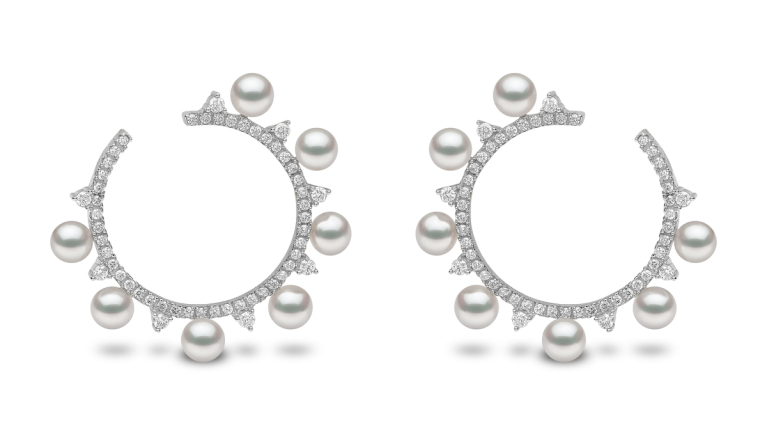 YOKO London Sleek 18ct White Gold, Pearl & Diamond Set Circle Hoop Earrings